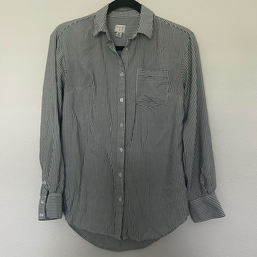 A New Day Womens XS Striped Button Down Shirt Black White Long Sleeve Blouse
